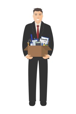İleti örneği elinde bir kutu ile memur. Genç adam Office tutan gülümseyerek sağlar. Konsept: çalışan yeni bir iş aldım. Beyaz bir arka plan üzerinde vektör çizim