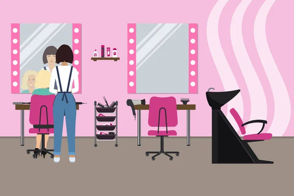 美发沙龙的内部以粉红色的颜色 美容院 大厅里有一个理发师和一个客户 有桌子 洗头发的浴缸 吹风机在图像 — 图库矢量图片