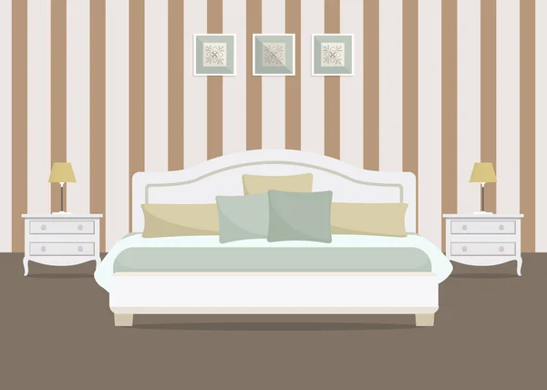 ストライプの壁紙付きのベッドルーム ベッドサイド テーブル ランプ イメージと白いベッドがあります 壁に写真があります ベクトル フラット図 — ストックベクタ