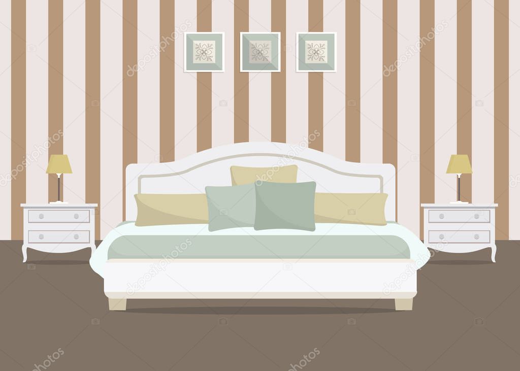Bedroom with striped wallpaper. There is a white bed with pillows, bedside tables and lamps in the image. There are also pictures on the wall. Vector flat illustration.