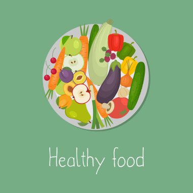 Sağlıklı gıda. Plaka sebze ve meyve üzerinde yeşil bir arka plan ile. Havuç, salatalık, domates, patlıcan, kabak, elma, armut, kiraz, resimdeki diğer ürünler vardır. Vektör görüntü.