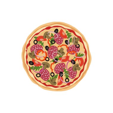 Salam, domates ve mantarlı pizza. Beyaz arka plan üzerinde vektör çizim