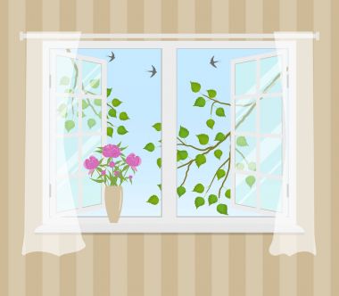 Perdeleri çizgili bir arka plan üzerine açık pencere. Pencerenin dışında yeşil yaprakları ile ağaç dalı vardır. Bir buket pembe peonies pencere üzerinde vardır. Vektör çizim