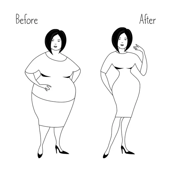 Толстая Женщина Женщина После Потери Веса Векторная Иллюстрация Белых Черных — стоковый вектор