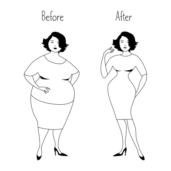 Kövér Előtt Után Fogyás Egészséges Életmód Fogalma Vektoros Illusztráció Fehér — Stock Vector