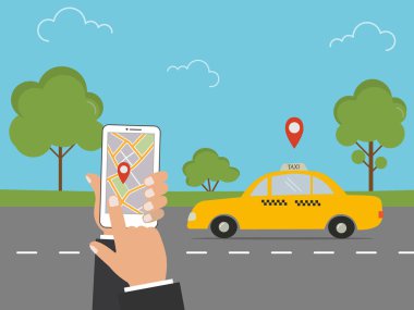 Taksi hizmet anlayışı. Bir sarı taksi taksi, bir yol, el ile bir telefon ve taksi uygulaması içinde belgili tanımlık resim var. Ayrıca bir mavi gökyüzü arka plan üzerinde yeşil ağaçlar vardır. Vektör çizim.
