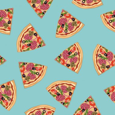Pizza dilimleri mavi bir arka plan üzerinde. Seamless modeli. Salam, domates ve mantarlı pizza. Vektör çizim