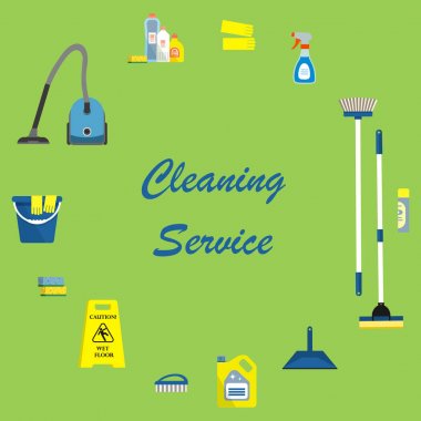 Temizlik hizmet anlayışı. Metin nesneleri Temizleme tarafından çevrili. İşte bir elektrikli süpürge, paspas, fırça, bir kepçe, bir işaret 