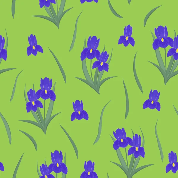 Naadloze Patroon Met Paarse Irissen Bladeren Een Groene Achtergrond Het — Stockvector