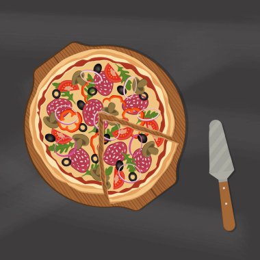 Salam, domates ve mantarlı pizza. Pizza ve bir ahşap tahta üzerinde pizza yiyelim. Pizza resim için bir kaşık da vardır. Vektör çizim blackboard arka plan üzerinde.