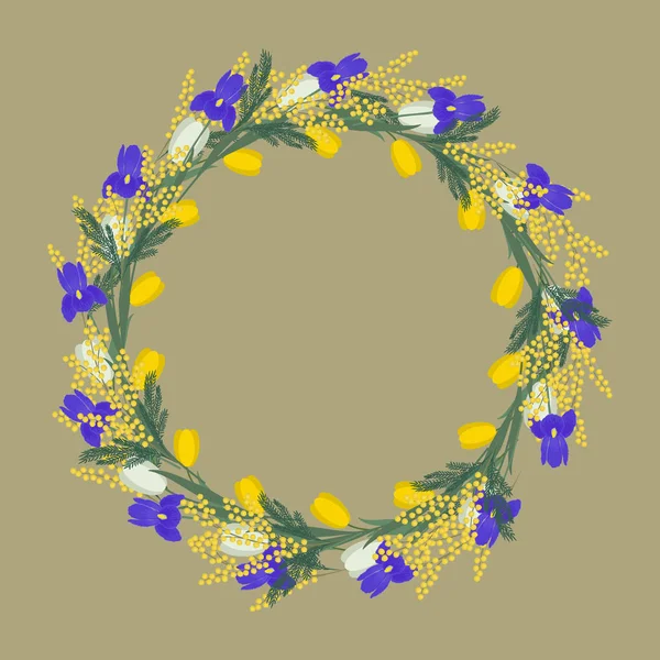 Floral Ronde Frame Van Lentebloemen Gele Witte Bloemen Van Tulpen — Stockvector