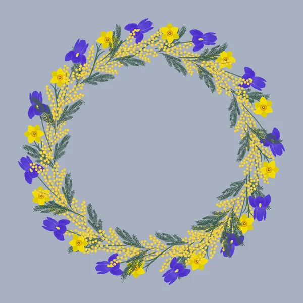 Floral round frame from spring flowers. Yellow daffodils, mimosa and purple irises on a gray background. Greeting card template. It can be used as an design element in projects. Vector illustration