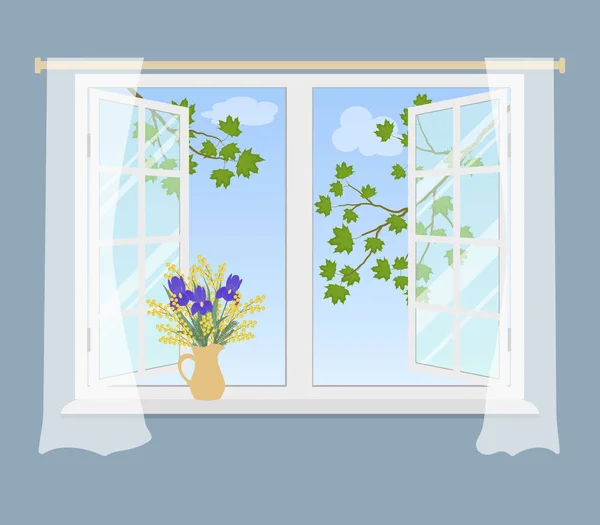 Offenes Fenster Mit Vorhängen Auf Blauem Hintergrund Vor Dem Fenster — Stockvektor