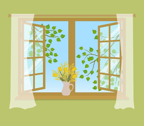 Otwórz Okno Zasłony Zielonym Tle Oknem Gałęzie Drzewa Zielonych Liści — Wektor stockowy