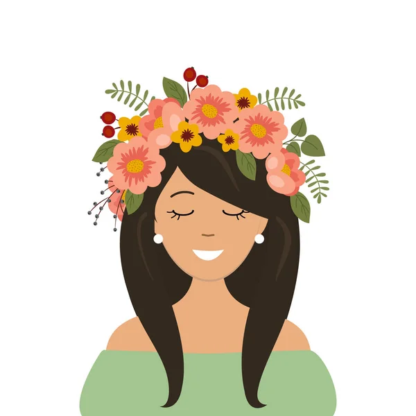 Retrato Una Linda Chica Una Corona Floral Decorativa Cabeza Ilustración — Vector de stock