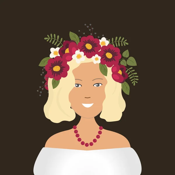 Retrato Una Linda Chica Sonriente Una Corona Floral Cabeza Ilustración — Vector de stock