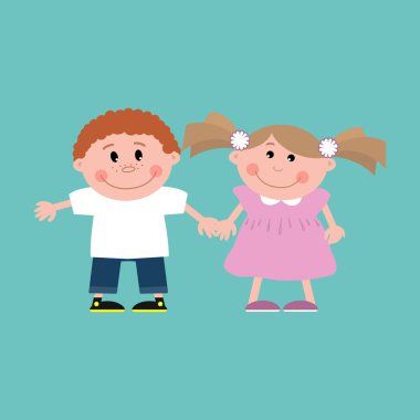 Çocuk ayağa ve el ele. Pembe elbiseli bir kız ve bir çocuk beyaz bir T-shirt ve jeans resim var. Vektör çizim