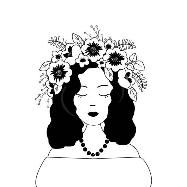 Dekoratif çiçek çelenk başında şirin kız. Portre. Siyah ve beyaz renklerde vektör çizim.