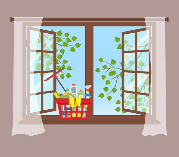 Panier Avec Des Détergents Sur Rebord Fenêtre Concept Nettoyage Fenêtre — Image vectorielle