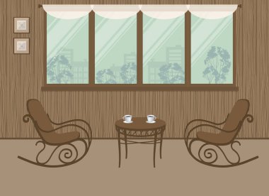 İki sallanan sandalye ve sehpa pencere arka plan üzerinde. Balkon-sundurma ahşap duvarlar ile iç. Orada da resimleri duvara görüntüde. Vektör çizim