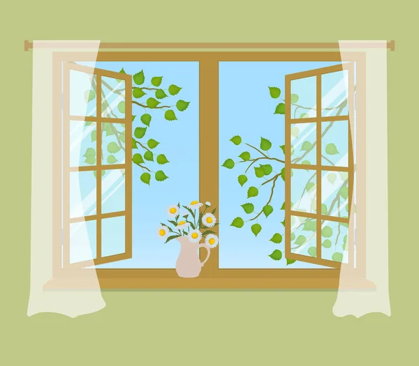 Ventana Abierta Con Cortinas Sobre Fondo Verde Fuera Ventana Hay — Vector de stock