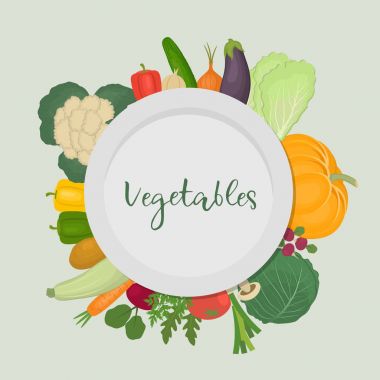 Bir tabak sebze tarafından çevrili. Kabak, patlıcan, kabak, salatalık, patates, havuç, lahana, pancar, soğan, biber, sarımsak ve turp resmi vardır. Vektör çizim