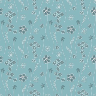 Mavi bir arka plan üzerinde küçük çiçekler ile Seamless modeli. Dekoratif çiçek ve yaprakları yaz arka plan. O-ebilmek var kullanılmış için Web siteleri, hediyeler, kumaşlar, ambalaj duvar kağıtları. Vektör görüntü.