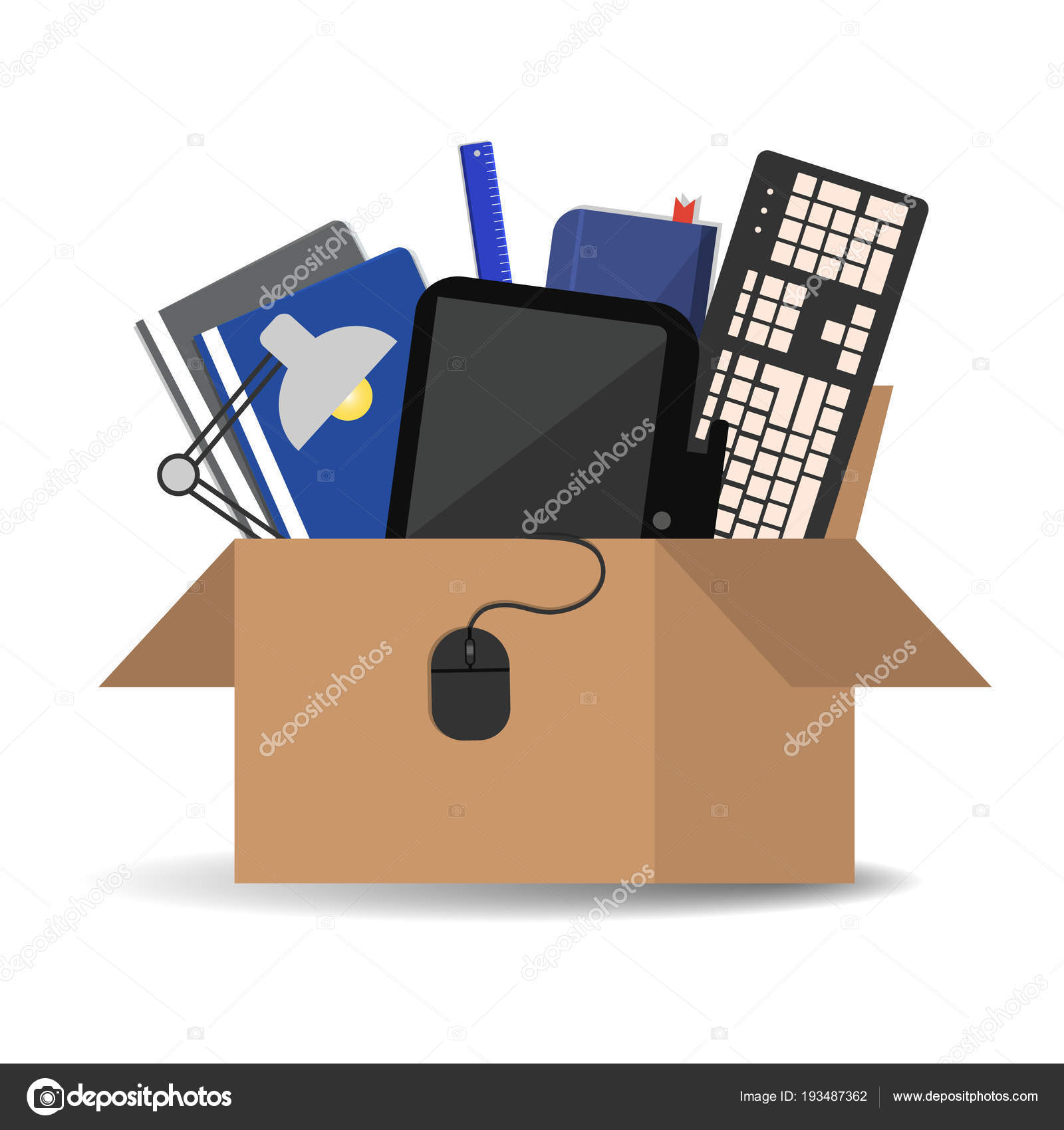 Office Accessories Cardboard Box Isolated White Background Keyboard