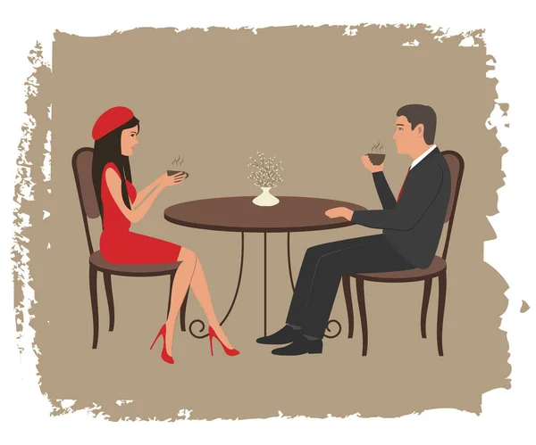 개념입니다 남자와 빨간색에서 테이블에 있으며 커피를 마시는 낭만주의 날짜입니다 일러스트 — 스톡 벡터