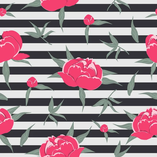 Padrão Floral Fundo Listrado Amostra Sem Costura Com Peônias Rosa —  Vetores de Stock