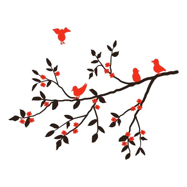 Trädgren Med Röda Blommor Och Fåglar Isolerad Vit Bakgrund Silhuetter — Stock vektor