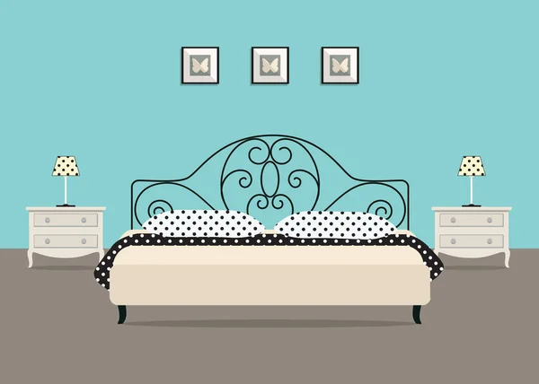 Mavi Yatak Odası Yastıklar Başucu Masaları Lambalar Görüntüdeki Bir Yatak — Stok Vektör
