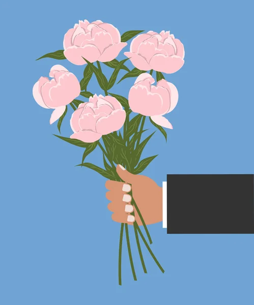 Hand Holds Bouquet Pink Peonies Vector Illustration Blue Background — Stock Vector