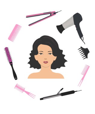 Sevimli bir kız yüzünün saç bakımı için öğeleri tarafından bulunmaktadır. Saç kurutma makinesi, bir saç maşası ve saç fırça resmi farklı türleri vardır. Beyaz bir arka plan üzerinde vektör çizim