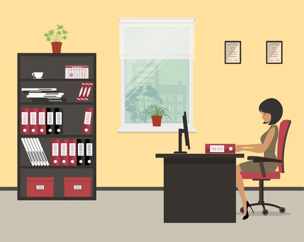 Lugar Trabajo Oficinista Joven Empleada Trabajo Hay Mueble Negro Escritorio — Vector de stock