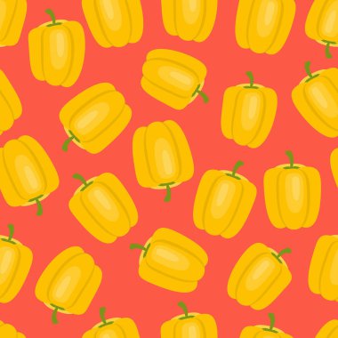 Parlak bir arka plan üzerinde sebze ile Seamless modeli. Sarı biber kırmızı bir arka plan üzerinde. Sebze yazdırma. Vektör çizim