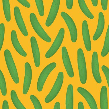 Parlak bir arka plan üzerinde sebze ile Seamless modeli. Yeşil salatalık sarı bir arka plan üzerinde. Sebze yazdırma. Vektör çizim