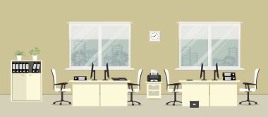Bej renkli oda ofis. Beyaz masa ve sandalyeler, bilgisayarlar, belgeler, bir yazıcı, saat ve diğer nesneleri resim için bir kabine vardır. Ofis iç. Vektör düz çizim