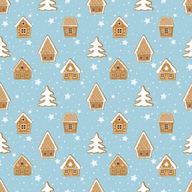Noel arkaplanı. Kusursuz kış şablonu. Zencefilli kek köyü. Mavi arka planda zencefilli ekmek evleri ve köknar ağaçları var. Tebrik kartı şablonu. Vektör