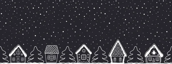 Рождественский Фон Зимняя Деревня Бесшовная Граница Сказочный Зимний Пейзаж Белые — стоковый вектор