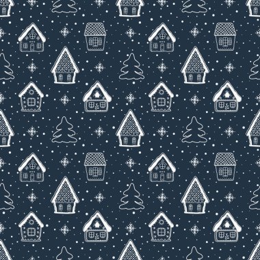 Noel arkaplanı. Güzel Noel evleri olan kusursuz bir kış şablonu. Muhteşem binaların beyaz siluetleri, koyu mavi arka planda köknar ağaçları ve kar taneleri. Vektör illüstrasyonu