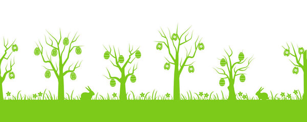 Пасхальный фон. Весенний пейзаж Бесшовная граница. Зеленые силуэты. На картине изображены пасхальные деревья, трава, цветы и кролики. Векторная плоская иллюстрация
