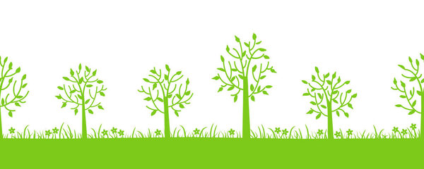 Лето или весна фон. Бесшовная граница. Зеленые силуэты деревьев, травы и цветов на рисунке. Векторная плоская иллюстрация
