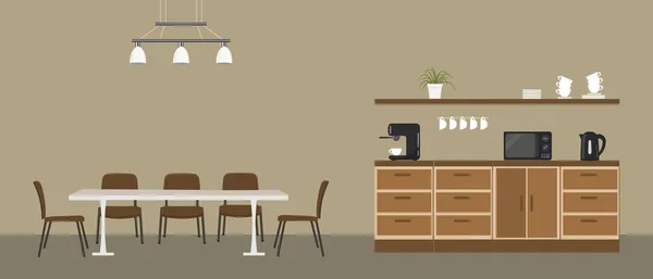 オフィスキッチン休憩室だオフィスのダイニングルーム 台所のキャビネット テーブル 電子レンジ ブラックケトルとコーヒーマシンが写真にあります ベクターイラスト — ストックベクタ