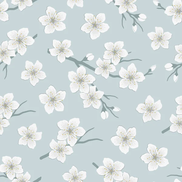 桜の花の枝とシームレスなパターン 灰色の背景に白い花や蕾を持つ木の枝 春の花の背景 ベクターイラスト — ストックベクタ