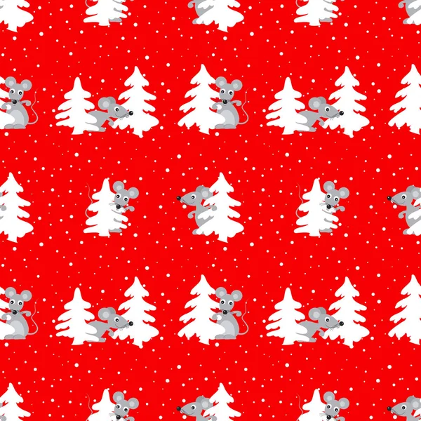 Рождественский Фон Бесшовный Узор Еловыми Деревьями Крысами Символ 2020 Года — стоковый вектор
