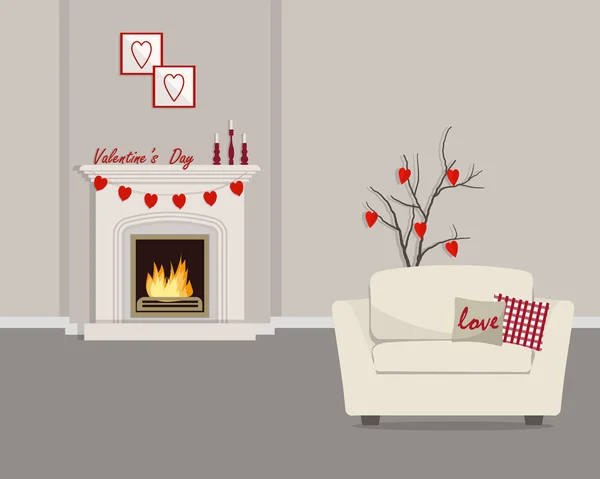 Kamer Ingericht Voor Valentijnsdag Woonkamer Met Open Haard Fauteuil Valentines — Stockvector