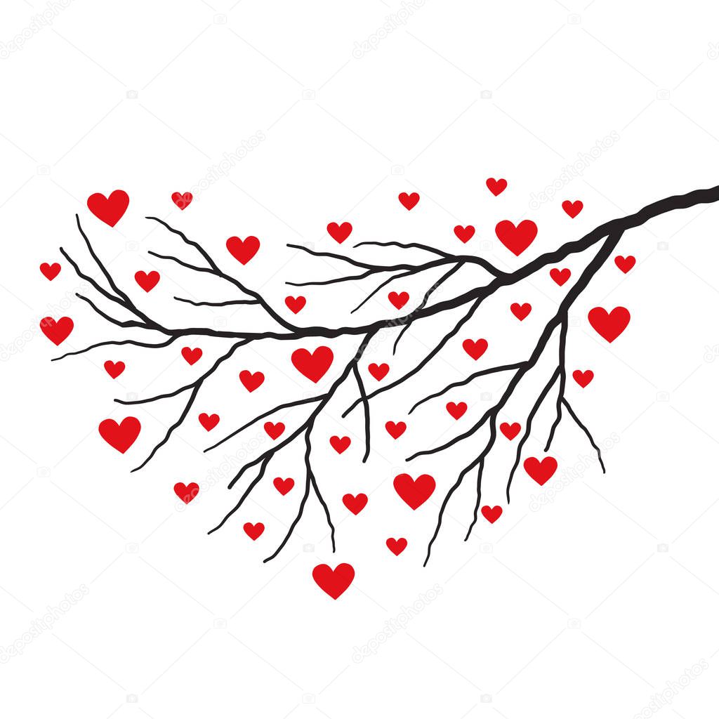 Valentine's day tree. Branch with red hearts. Valentine's day concept. Vector illustration on a white background.