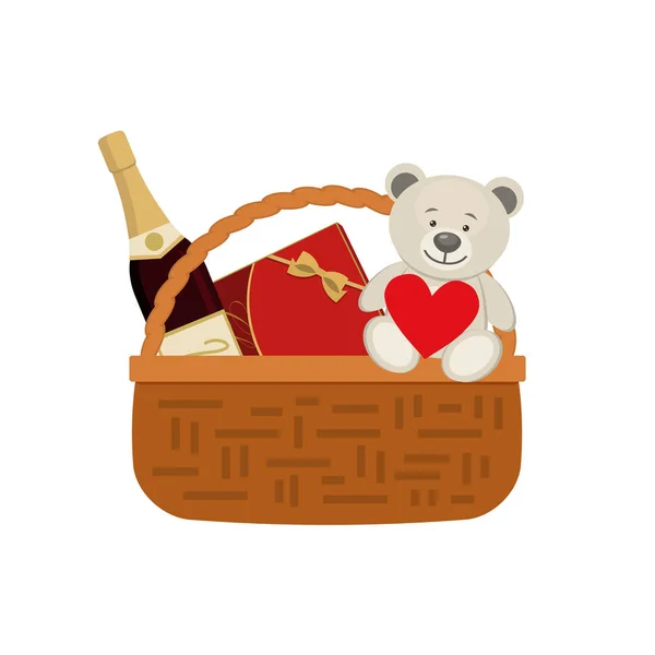 Gift basket for Valentine's Day. Wicker basket with a red box of chocolates and a bottle of wine. There is also a teddy bear with a heart in the picture. Vector illustration