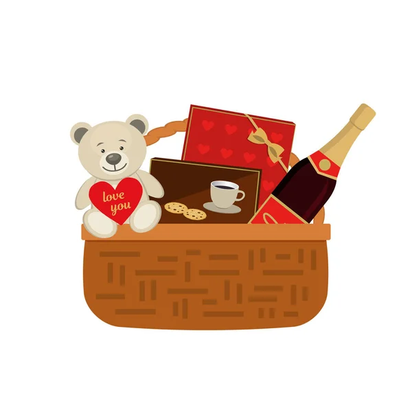 バレンタインデーのギフトバスケット チョコレート クッキーとワインのボトルの赤い箱とウィッカーバスケット 写真にはハートのテディベアもあります ベクターイラスト — ストックベクタ